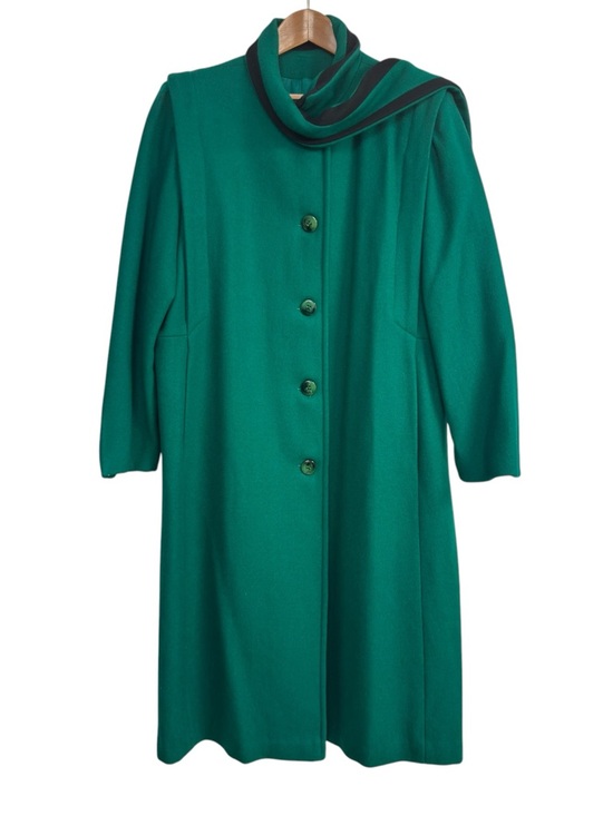 Vintage Projections Green Wool Coat Scarf Collar Button Usa Womens M Elegant